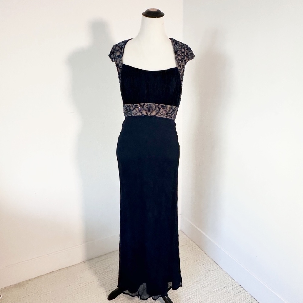TADASHI COLLECTION Womens 6 Navy Gown Beaded Sequins Silk MOB Wedding Bridesmaid